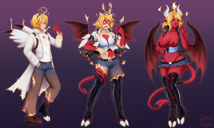 base_one_layout basic_sequence black_sclera blonde_hair bottomwear breast_growth breasts clothing coat feathered_wings feathers female fire gender_transformation growth hair hooves horn horn_growth humanoid_pointy_ears legwear linear_sequence male membrane_(anatomy) membranous_wings mtf_transformation nipple_piercing nipples not_furry one_row_layout piercing pointy_ears red_body shorts simple_background solo spade_tail standing surprised tail thigh_highs three_frame_image three_frame_sequence topwear transformation transformation_sequence wings witchofavalon demon humanoid 2019 5:3 sequence