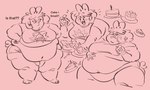 anthro belly belly_overhang big_belly breasts buckteeth cake chubby_cheeks clothed clothing dessert eating fat_arms fat_legs female food food_on_face hair navel obese obese_anthro obese_female overweight overweight_anthro overweight_female simple_background solo standing teeth text carcupholder chair_(carcupholder) lagomorph leporid mammal rabbit english_text multiple_images