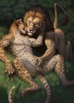 animal_genitalia anthro athletic athletic_anthro athletic_male balls biceps clawing_at_ground detailed_background detailed_fur duo eyes_closed finger_in_sheath fingering fur genitals grass hand_on_balls hand_on_sheath inner_ear_fluff kneeling light looking_at_another looking_at_partner lying male male/male mane muscular muscular_anthro muscular_male nuzzling on_back on_grass on_ground pawpads paws pecs plant sheath sheath_fingering sheath_play spots spread_legs spreading tail tail_tuft tan_body tan_fur tree tuft whisker_spots whiskers white_body white_fur yellow_eyes hibbary felid leopard lion mammal pantherine 2025 detailed hi_res lighting