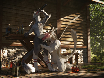 alcohol alcohol_bottle animal_genitalia anthro balls beverage beverage_bottle bodily_fluids bottle container cum cumshot duo ejaculation erection fellatio fur genital_fluids genitals grey_body grey_fur licking male male/male oral penile penis penis_lick sex sheath tail tan_body tan_fur tongue white_body white_fur arceronth gahiji_jager_(mr.edoesart) sergal 3d_(artwork) 4:3 alternate_version_at_paywall better_version_at_paywall digital_media_(artwork) hi_res