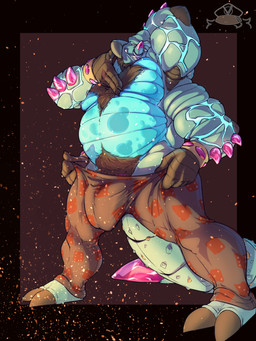 anthro belly big_muscles big_pecs bioluminescence crystal genitals glowing male multi_genitalia multi_limb multi_penis multi_penis_bulge multi_penis_outline muscular muscular_anthro muscular_male pecs penis piercing scales stocky velvetymane_(artist) arthropod beetle_humanoid hybrid insect 3:4 hi_res