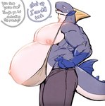 anthro blue_body bottomwear clothing countershading fin male nipples pants pregnant pregnant_anthro pregnant_male solo tail white_body white_countershading king_slabu fish marine scombrid scombriform tuna hi_res