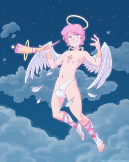 back_wings bulge clothing cross cross_necklace cuff_(restraint) feathered_wings feathers flying footwear grin hair half-closed_eyes halo jewelry male narrowed_eyes necklace not_furry pink_hair restraints smile socks solo text toeless_footwear toeless_legwear toeless_socks toeless_stockings wings wrist_cuffs naughtyjester angel angel_humanoid humanoid winged_humanoid 2017 hi_res url