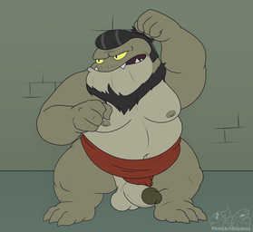anthro belly erection genitals male moobs overweight overweight_male solo amphibia_(series) disney captain_bufo amphibian frog toad_(frog) hi_res