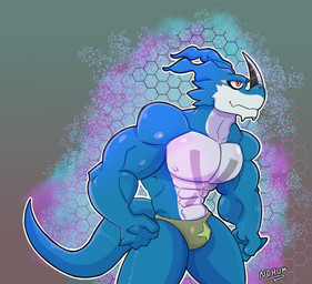 anthro belly_tattoo biped blue_body bulge clothing eyeshadow facial_tattoo makeup male male_anthro metal muscular muscular_anthro muscular_male nipples pecs solo strong_arms tattoo underwear nohum bandai_namco digimon mythology digimon_(species) dragon exveemon mythological_creature mythological_scalie scalie hi_res