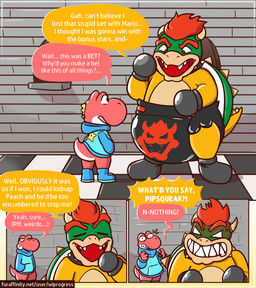 angry anthro big_diaper booties bottomless clean_diaper clothed clothing dialogue diaper duo eyes_closed green_body hair handwear hoodie horn humiliation humor latex latex_booties latex_clothing latex_diaper latex_mittens male mittens open_mouth open_smile red_hair red_speech_bubble shell size_difference smile speech_bubble spiked_shell spiked_tail spikes spikes_(anatomy) tail text toony topwear wearing_diaper yellow_speech_bubble wiprogress mario_bros nintendo bowser koopa red_yoshi scalie yoshi 2022 comic digital_media_(artwork) hi_res url