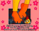 2023 4_toes anthro avian bird blush blush_lines chica_(fnaf) chicken dialogue digital_media_(artwork) embarrassed english_text feathers feet female five_nights_at_freddy's foot_fetish foot_focus foot_shot galliform gallus_(genus) hi_res humanoid_feet looking_away musk orange_feet phasianid plantigrade scottgames smelly smelly_feet solo text the_urge_within toes yellow_body yellow_feathers