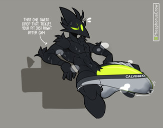 abs after_exercise anthro athletic athletic_anthro athletic_male balls_outline barely_contained barely_contained_penis biceps big_penis black_body black_feathers bodily_fluids bulge clothing detailed_bulge erection feathers genital_fluids genital_outline genitals green_penis grey_background grey_clothing grey_underwear huge_penis hyper hyper_genitalia hyper_penis looking_pleasured male one_eye_half-closed pecs penis precum precum_through_clothing precum_through_underwear simple_background sitting solo steam stretched_underwear sweat sweaty_body sweaty_clothing sweaty_underwear text underwear wet wet_clothing wet_underwear phosphoruscrow calvin_klein ryze_(phosphoruscrow) avian bird corvid corvus_(genus) crow oscine passerine artist_name english_text hi_res letterbox