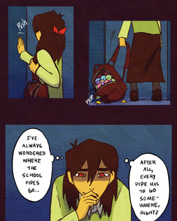 accessory ambiguous_gender ambiguous_human backpack bath_bomb bottomwear bow_ribbon brown_bottomwear brown_clothing brown_footwear brown_hair brown_shoes brown_skirt clothed clothed_human clothing footwear fully_clothed fully_clothed_human green_clothing green_sweater green_topwear hair hair_accessory hair_bow hair_ribbon red_eyes red_hair_bow ribbons shoes skirt socks solo sweater text thought_bubble topwear yellow_body yellow_skin fablivious1 deltarune undertale_(series) kris_dreemurr human mammal 2025 comic digital_drawing_(artwork) digital_media_(artwork) english_description english_text hi_res