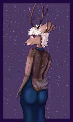 antlers backless_clothing backless_dress blue_clothing butt clothed clothing curly_hair dress ear_piercing female freckles hair horn markings piercing pink_eyes solo spots spotted_body tail blaze2012 ronan_(jdamquill) deer mammal new_world_deer reindeer 3:5 absurd_res hi_res