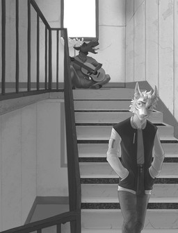 acoustic_guitar anthro clothing duo guitar jacket letterman_jacket looking_back male musical_instrument playing_guitar playing_music plucked_string_instrument school singing stairs string_instrument topwear cira_nova deer felid mammal moose new_world_deer 2020 hi_res monochrome nonbinary_(lore)