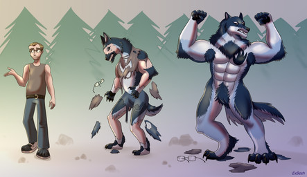 abs anthro biceps black_sclera clothing eyewear glasses human_to_anthro male muscular muscular_male nude solo species_transformation standing tail three_frame_sequence torn_clothing transformation transformation_sequence exbesh mythology canid canine human mammal mythological_canine mythological_creature werecanid werecanine werecreature werewolf absurd_res digital_media_(artwork) hi_res sequence