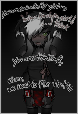 accessory anthro blush bottomwear bow_ribbon choker clothed clothed_anthro clothed_male clothing countershading crossdressing_male cute_fangs degradation dialogue disembodied_hand dress embarrassed fangs femboy fully_clothed fully_clothed_anthro fully_clothed_male green_eyes hair hair_accessory hair_bow hair_over_eye hair_ribbon heart_symbol holding_head jewelry legwear male male_anthro necklace one_eye_obstructed open_mouth pink_blush ribbons simple_background skirt solo teeth text thigh_highs mega_moppa skunkun skunkun(laurence) mammal mephitid skunk english_text hi_res