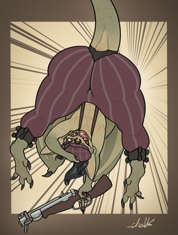 anthro big_butt butt butt_focus clothing facial_piercing female flat_chested gun hat headgear headwear holding_submachine_gun huge_butt nose_piercing nose_ring open_mouth piercing pupils ranged_weapon ring_piercing slit_pupils solo submachine_gun tail weapon wings yellow_eyes gremlinchalk deadlock valve ivy_(deadlock) gargoyle scalie absurd_res hi_res