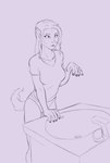 5_fingers breasts clothing female fingers hair open_mouth purple_and_black shirt simple_background sink solo species_transformation surprise topwear transformation underwear lord_magicpants canid human mammal 2022 hi_res monochrome