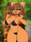 anthro big_breasts bikini black_bikini black_clothing black_swimwear breasts brown_hair brown_nose clothing cute_fangs eyewear female freckles fungus glasses hair long_hair mushroom open_mouth orange_body pokemon_card raised_arms smile solo swimwear teeth two-piece_swimsuit i_am_kat95 nintendo pokemon generation_1_pokemon paras pokemon_(species) hi_res