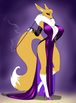 3_fingers anthro armwear big_breasts big_tail black_sclera blue_eyes bracelet breasts cigarette cigarette_holder clothing ear_piercing ear_ring elbow_gloves eyeshadow female fingerless_gloves fingers footwear gloves hand_on_hip handwear high_heels hoop_ear_ring jewelry lipstick makeup neck_tuft piercing purple_eyeshadow purple_lipstick ring_piercing shadow shoes skimpy_dress small_waist smile smoke smoking solo sparkles tail tuft walking wide_hips crovirus bandai_namco digimon rena_noir canid digimon_(species) mammal renamon 2023 absurd_res hi_res