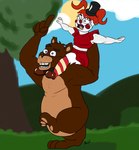 2016 3_toes 5_fingers anthro arms_out artooper024 bangs bear black_eyebrows black_nose blue_eyes blue_sky bottomwear bow_tie breasts brown_bear brown_body brown_clothing brown_footwear brown_fur brown_shoes cheek_spots circus_baby_(fnaf) clothing cloud colored crop_top day digital_drawing_(artwork) digital_media_(artwork) duo eyebrows eyelashes feet female fingers five_nights_at_freddy's flat_colors footwear freddy_(fnaf) fur gesture grass green_eyes hair hand_gesture hand_on_back hat headgear headwear hi_res hill human legwear lips male mammal multicolored_body multicolored_fur navel outside pattern_clothing pattern_legwear pattern_stockings pawpads paws pigtails pink_tongue plant pointing raised_leg red_clothing red_crop_top red_hair red_lips red_nose red_shirt red_topwear riding_shoulder scottgames shirt shoes signature silly_face sister_location skirt sky smile standing stockings striped_clothing striped_legwear striped_stockings stripes sun tan_body tan_fur tan_inner_ear tan_pawpads teeth thick_eyelashes toes tongue tongue_out top_hat topwear tree ursine white_body white_skin