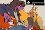 5_fingers anthro antlers black_clothing black_shirt black_topwear blonde_hair blue_clothing blue_jacket blue_topwear blush bodily_fluids bottomwear breasts brown_body brown_fur brown_hair checkered checkered_clothing checkered_sweater checkered_topwear closed_smile clothed clothed_anthro clothed_female clothing denim denim_bottomwear denim_clothing dialogue_box duo eyes_closed female female/female fingers freckles fully_clothed fully_clothed_anthro fully_clothed_female fur furniture guitar hair hand_on_own_mouth holding_guitar holding_musical_instrument holding_object horn jacket jeans laugh looking_at_another low-angle_view mouth_closed musical_instrument musical_note musical_symbol nails on_sofa pants pattern_clothing pattern_sweater pattern_topwear playing_guitar playing_music plucked_string_instrument purple_body pursed_lips red_guitar red_nose sharp_nails shirt side_by_side simple_background sitting sitting_on_sofa smile sofa speech_bubble string_instrument sweat sweatdrop sweater sweater_vest symbol tan_background text topwear twitter_handle vest white_clothing white_shirt white_topwear yellow_sclera catheadyy deltarune undertale_(series) noelle_holiday susie_(deltarune) deer mammal new_world_deer reindeer scalie 2025 artist_name colored_sketch dated english_text guide_lines hi_res sketch