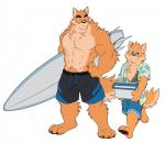 3_toes abs anthro beverage biceps big_muscles blue_eyes chest_tuft claws clothed clothing countershading duo feet fur male muscular muscular_male open_clothing open_shirt open_topwear pawpads pecs shirt simple_background smile standing summer surfboard swimwear tan_body tan_fur toe_claws toes topless topwear tuft vehicle watercraft white_background takemoto_arashi otake takemoto canid canine canis domestic_dog mammal 2018 hi_res