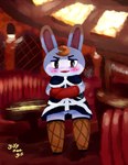 anthro biped blush cafe cigarette clothing dress eyebrows eyeshadow female genitals gloves handwear heart_eyes heart_symbol inside lipstick makeup pubes pussy restaurant solo yiffnotgif animal_crossing nintendo tiffany_(animal_crossing) lagomorph leporid mammal rabbit 2021 digital_media_(artwork) hi_res