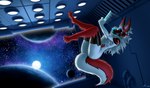 anthro female fur machine red_body red_fur solo space white_body white_fur atticuskotch noisy_(redace83) humanoid protogen robot robot_humanoid hi_res