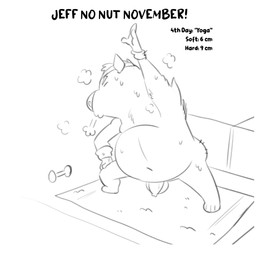 4_toes anthro balls belly bodily_fluids exercise eyes_closed feet flaccid foreskin genitals hand_on_leg hand_on_thigh male navel overweight penis raised_arm solo standing sweat sweatband thick_thighs toes thewilldpink no_nut_november jeffrey_taggart hyena mammal 2021 black_and_white meme monochrome