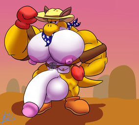 big_muscles big_nipples big_penis genitals huge_muscles huge_penis hyper hyper_genitalia hyper_muscles hyper_penis male muscular nipples penis solo yaboivanillo mario_bros mario_kart mario_kart_tour mythology nintendo kangaroo_yoshi yoshi_(kangaroo) dinosaur dragon mythological_creature mythological_scalie prehistoric_species reptile scalie yellow_yoshi yoshi hi_res