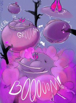air_from_mouth belly belly_expansion belly_poke blue_background breasts burp_cloud burping bursting creaking expansion featureless_breasts female groan immobile interrobang logo motion_lines onomatopoeia pink_sclera plant popping purple_body purple_burp_cloud sequential_arrow simple_background sound_effects spores text tree tree_trunk whimper smokey_blokey bat mammal absurd_res artist_logo artist_name hi_res sequence