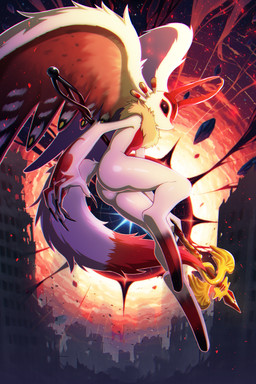 abandoned_building ambiguous_gender antares_(kirby_and_the_forgotten_land) anthro antlers black_fingernails black_nails black_sclera butt chest_tuft colored_nails countershading dipstick_tail fingernails floating fluffy fluffy_tail fur glistening glistening_body glistening_butt glistening_fur head_wings horn huge_wings levitation looking_at_viewer looking_back looking_back_at_viewer markings melee_weapon midair mouthless multicolored_body multicolored_fur nails neck_tuft outside polearm post-apocalyptic pupils red_body red_eyes red_fur side_view solo spear tail tail_markings tan_body tan_fur tuft unusual_wing_placement weapon white_body white_fur white_pupils wings pendoraaaa1 kirby_(series) kirby_and_the_forgotten_land nintendo chaos_elfilis alien chinchilla chinchillid mammal rodent starling_(kirby) 2025 digital_drawing_(artwork) digital_media_(artwork) hi_res