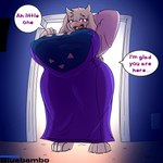 1:1 anthro bedroom bedroom_eyes big_breasts big_butt bluebambo breasts butt clothing curvy_figure english_text female hi_res huge_breasts huge_butt narrowed_eyes presenting robe seductive solo speech_bubble text thick_thighs toriel undertale undertale_(series) voluptuous wide_hips