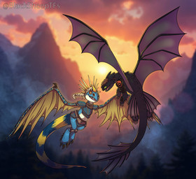 after_transformation armor black_armor black_arms black_body black_nose blonde_hair blue_armor blue_body blue_scales brown_hair claws clothing dragon_scale_armor dragon_tail duo female feral flying forest green_eyes hair horn horn_sheath male male/female markings mountain plant scaled_legs scales sharp_teeth smile smiling_at_another species_transformation spikes spread_wings striped_markings striped_tail stripes sunset tail tail_markings teeth toe_claws transformation tree viking wings yellow_body yellow_eyes blacksheeptfs dreamworks european_mythology how_to_train_your_dragon mythology astrid_hofferson hiccup_horrendous_haddock_iii deadly_nadder dragon fury_(httyd) mythological_creature mythological_scalie night_fury scalie western_dragon hi_res