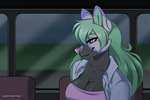 anthro big_breasts black_body black_fur breasts brown_eyes clothing female fur green_hair hair jacket movement night night_time overnight solo topwear volodyanocturne canid canine canis mammal wolf 3:2 animated short_playtime