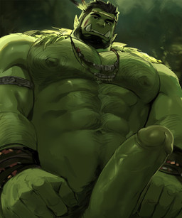 abs beard body_hair chest_hair facial_hair fangs genitals green_body green_skin hairy humanoid_pointy_ears male muscular muscular_humanoid muscular_male nipples pecs penis pointy_ears solo teeth vein veiny_penis dopq humanoid orc hi_res