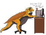 2017 anthro back_spines basiliskfree beverage brown_body brown_scales brown_stripes chair claws coffee computer computer_monitor computer_mouse dialogue dragon electronics english_text european_mythology fangs furniture horn leaning leaning_forward male mythological_creature mythological_scalie mythology office_chair open_mouth orange_body orange_scales scales scalie side_view simple_background sitting solo stripes table tail tan_horn tech_support teeth text tired toe_claws western_dragon white_background white_claws yellow_body yellow_scales