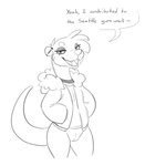 anthro biped bottomless bottomless_anthro bottomless_female clothed clothing female genitals open_mouth open_smile pussy smile solo tail text halbean aubrey_(halbean) mammal mustelid otter english_text hi_res monochrome