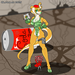 anthro beverage_can breast_tattoo breasts butt camo camo_clothing camo_print cleavage clothed clothing detailed_background duo female fingerless_gloves footwear gloves green_clothing green_eyes green_leotard green_makeup handwear hat headgear headwear high_heels holding_object larger_female leotard male micro mirror mirror_reflection multicolored_body multicolored_scales non-mammal_breasts pattern_clothing red_clothing red_hat red_headwear reflection scales shadow shoes size_difference smaller_male solo tan_body tan_scales tattoo trash two_tone_body two_tone_scales zipper_leotard lyonley vitalian_li_vidal ant arthropod cobra hymenopteran insect reptile scalie snake 1:1