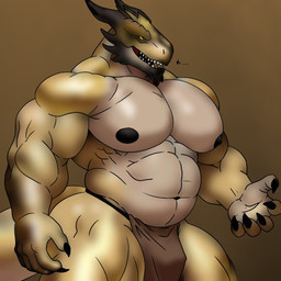 anthro big_hands big_muscles big_pecs claws horn huge_muscles huge_pecs hyper hyper_muscles male musclegut muscular muscular_anthro muscular_male nipples pecs sharp_teeth solo teeth aileron_(artist) mythology dragon mythological_creature mythological_scalie scalie 1:1