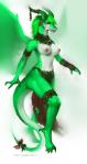 anthro biped bottomwear breasts clothed clothing female green_body hair horn jewelry loincloth looking_at_viewer nipples non-mammal_breasts non-mammal_nipples red_eyes simple_background skimpy solo standing tail white_background wings ben300 borsmenta mythology emeraude_(ben300) dragon mythological_creature mythological_scalie scalie hi_res