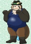 anthro blush bodily_fluids brown_body brown_fur bulge clothed clothing fur hat headgear headwear humanoid_hands kemono male one-piece_swimsuit overweight overweight_anthro overweight_male school_swimsuit solo swimwear tears yaki_atsuage lifewonders live_a_hero shoen canid canine mammal raccoon_dog tanuki 2021 hi_res