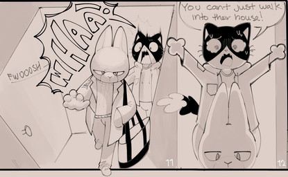 anthro bag bodily_fluids bottomwear clothed clothing coat dialogue door door_slam duo exclamation_point footwear front_view fur half-closed_eyes hand_in_pocket high-angle_view jacket long_ears male narrowed_eyes pants pockets shirt shoes speech_bubble surprise surprised_expression sweat sweater tail tears text topwear sushiamazing working_buddies! rufuta_hachitani uwaharu_nezazono domestic_cat felid feline felis lagomorph leporid mammal rabbit 2025 comic digital_media_(artwork) english_text monochrome