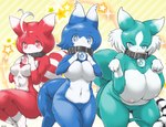 abstract_background anthro anthrofied big_breasts blue_body blue_eyes blue_fur blush breasts cheek_tuft collar collar_only cowlick facial_tuft female fin frutiger_metro fur green_body green_eyes green_fur group group_nudity hair kemono leg_markings looking_at_viewer markings medium_breasts mouthless multi_tail multicolored_body multicolored_fur navel nipples nude nude_anthro nude_female paw_pose pose pubic_mound red_body red_eyes red_fur socks_(marking) sparkles star star_accessory striped_markings striped_tail stripes tail tail_fin tail_markings trio tuft two_tone_body two_tone_fur y2k_(graphic_design) yukaran_nosuke kemono_friends star_beast_(kemono_friends) lucky_beast hi_res