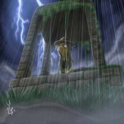 clothed clothing column electricity female feral grass grey_hair hair hat headgear headwear lightning night outside plant raining rock solo rublegun friendship_is_magic hasbro my_little_pony daring_do_(mlp) equid mammal 1:1 hi_res