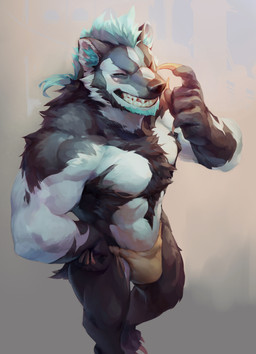 5_fingers anthro barazoku beard black_body black_fur black_nose blue_body blue_fur bulge claws clothed clothing eyes_closed facial_hair fingers fur male multicolored_body multicolored_fur muscular muscular_anthro muscular_male solo standing teeth topless tuft underwear white_body white_fur null-ghost badger mammal mustelid musteline 2015 full-length_portrait portrait