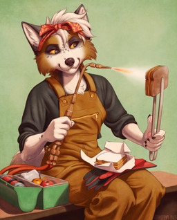 ambiguous_gender anthro apple blowtorch bread cheese clothing dairy_products facial_piercing food fruit grilled_cheese kerchief nose_piercing nose_ring orange_(fruit) overalls piercing plant ring_piercing sandwich_(food) sitting smile solo zipper glopossum col_(colfox_) canid canine fox mammal 2023 hi_res