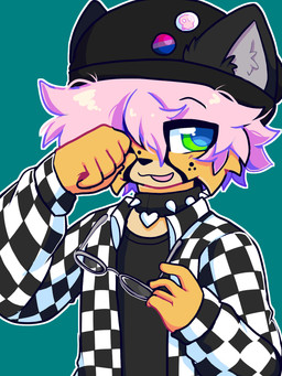 5_fingers anthro bangs beanie bisexual_pride_colors black_clothing black_markings black_nose black_shirt black_topwear cheek_tuft clothed clothing collar eyewear facial_tuft fingers freckled_face freckles fur glasses green_eyes hair hat headgear headwear holding_eyewear holding_glasses holding_object lgbt_pride male markings open_clothing open_mouth open_shirt open_topwear pink_hair pride_colors shirt short_hair simple_background solo spiked_collar spikes topwear tuft yellow_body yellow_fur kingsillysmilez cheetah felid feline mammal 2023 3:4 cel_shading colored colored_sketch digital_drawing_(artwork) digital_media_(artwork) hi_res shaded sketch