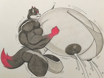 anthro barely_contained barely_contained_penis big_moobs big_muscles big_nipples big_pecs big_penis black_nipples black_penis bodily_fluids bulge clothing countershade_torso countershading genitals huge_moobs huge_muscles huge_pecs humanoid_genitalia humanoid_penis hyper hyper_moobs hyper_muscles hyper_pecs lactating male male_lactation moobs muscular nipples pecs penis projectile_lactation solo tearing_clothing torn_clothing cnb2804 canid canine fox mammal 2025 4:3 hi_res