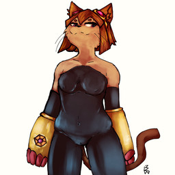 anthro brown_hair clothed clothing collarbone eyebrows eyelashes eyewear eyewear_on_head female fur gauntlet_(weapon) goggles goggles_on_head hair navel_outline nipple_outline smug solo spandex tail tan_body tan_fur tight_clothing whiskers beef_brat gameoverse glitch_productions kit_bodega domestic_cat felid feline felis mammal 1:1 hi_res