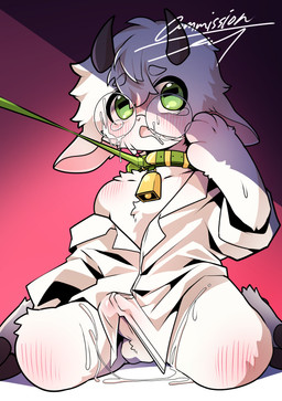 anthro bell bell_collar blush blush_lines bodily_fluids body_blush clothing collar cum cum_on_leg erection genital_fluids genitals green_eyes hand_on_face humanoid_genitalia humanoid_penis kemono kneeling leash leash_pull leashed_collar male oversized_clothing penis solo young young_male aynrruf bovid caprine goat mammal 2025 absurd_res hi_res