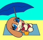alcohol anthro beach beach_towel beach_umbrella beverage bikini bikini_only blue_eyes blush blush_stickers brown_body brown_fur clothing cocktail cocktail_garnish cocktail_umbrella eyelashes female fur looking_at_viewer lying on_back parasol paw_on_belly simple_background smile smiling_at_viewer solo swimwear towel two-piece_swimsuit lunamann caramel_(lunamann) lagomorph leporid mammal rabbit hi_res